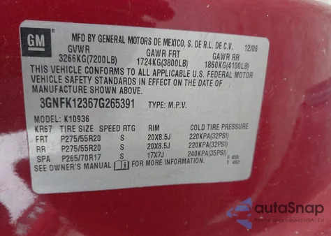 2007 Chevrolet Avalanche 1500 Ltz z USA, uszkodzony, nr VIN 3GNFK12367G265391
